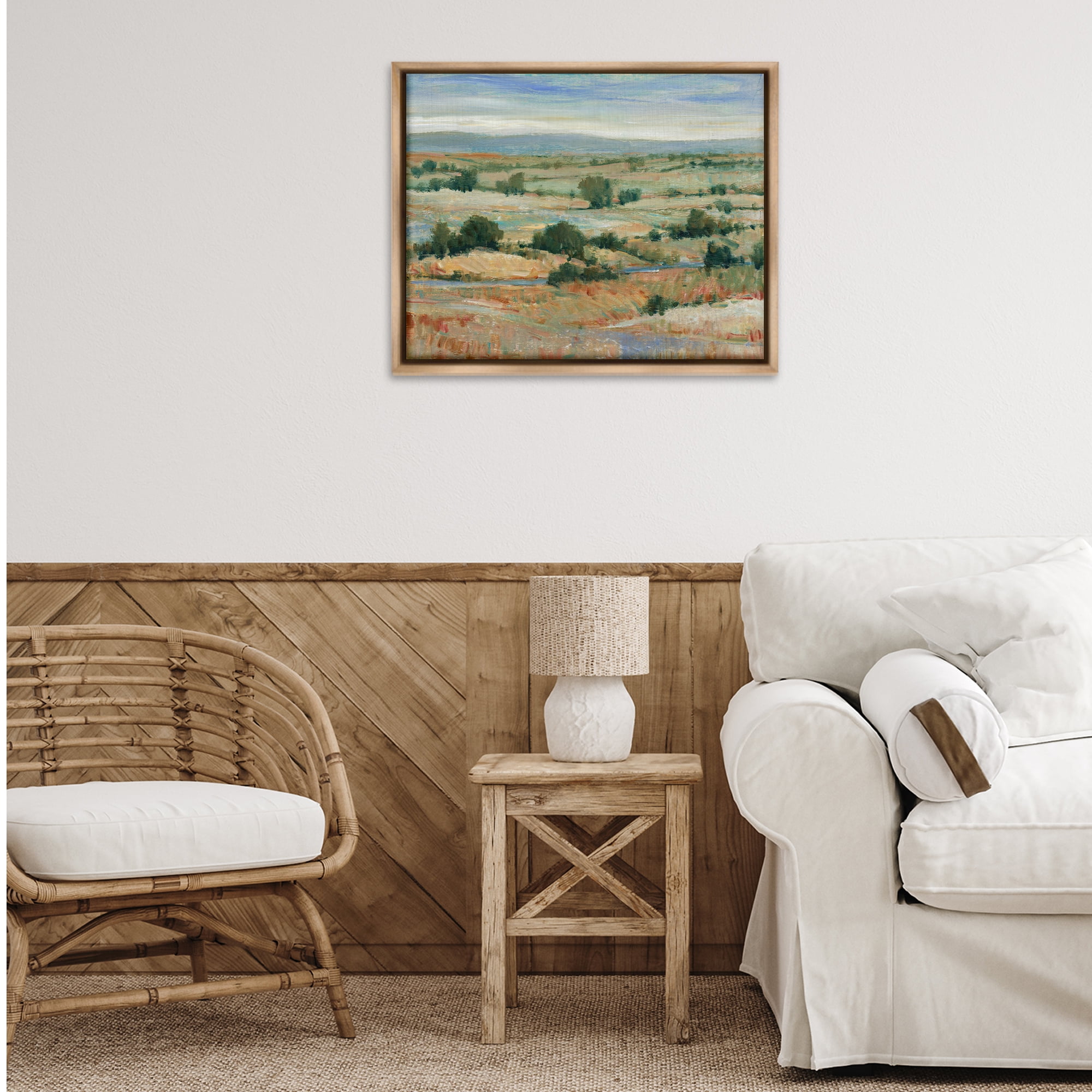Stupell Industries Distant Farmland View Landscape & Nature Painting Brown Floater Framed Canvas Art Print Wall Art, 31 x 25