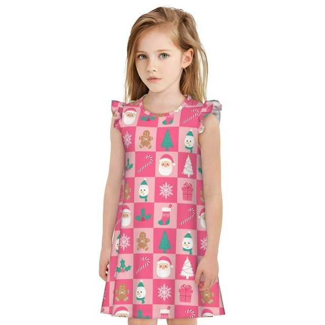 Vsdgher Chemise de Nuit Rose de Noël pour Filles Manches Courtes à Volants Robe de Nuit Pyjama pour Fête Pyjama-Grand