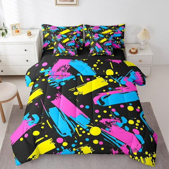 Memphis Style Bed in a Bag King Size Comforter Set 7 Pieces,Abstract Colorful Design with Dots Funky Bedding Sets Vintage Eighties Sheet Set,Memphis Fashion 80'S Style Retro 1980S Bed Set