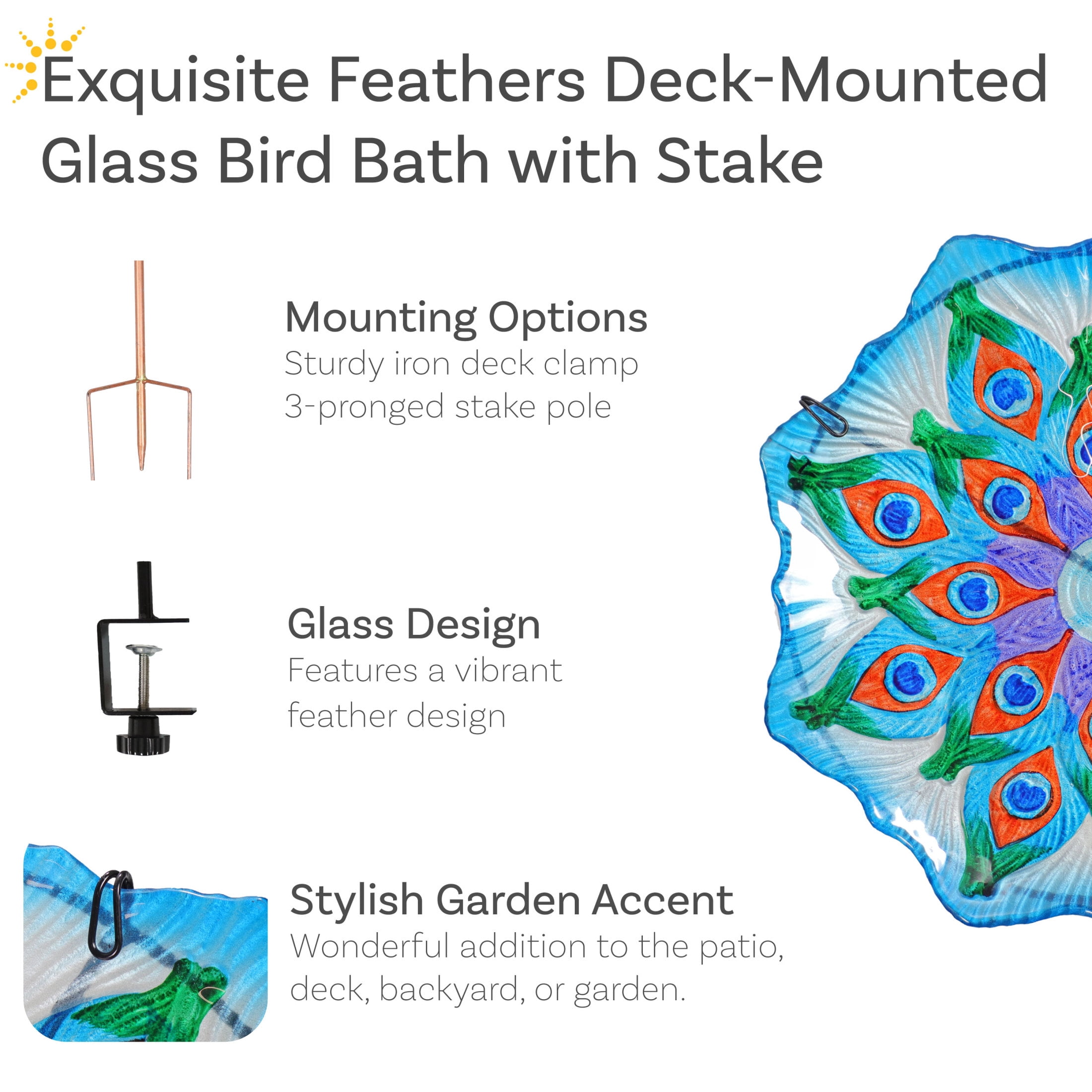Sunnydaze Staked or Deck Mount Glass Outdoor Bird Bath Bowl, Exquisite Feathers