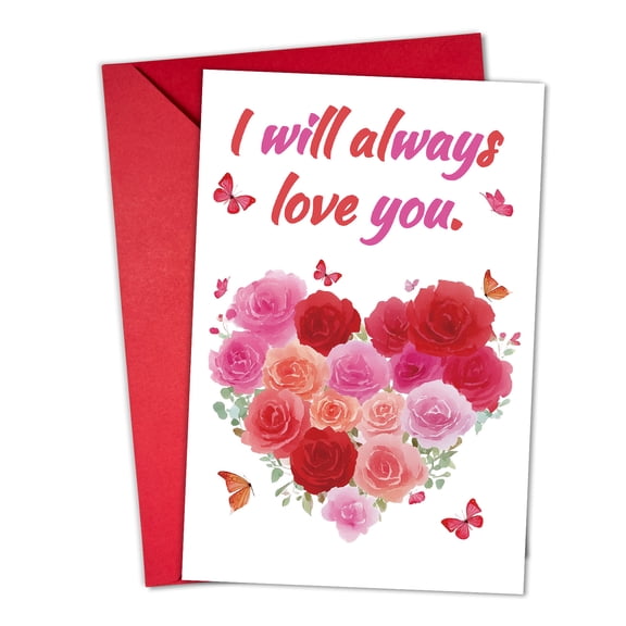 Beautiful Heart-Shaped Floral Greeting Card – "I Will Always Love You" Message – Includes Red Envelope – Perfect for Valentine's Day, Anniversaries, or Romantic Gestures