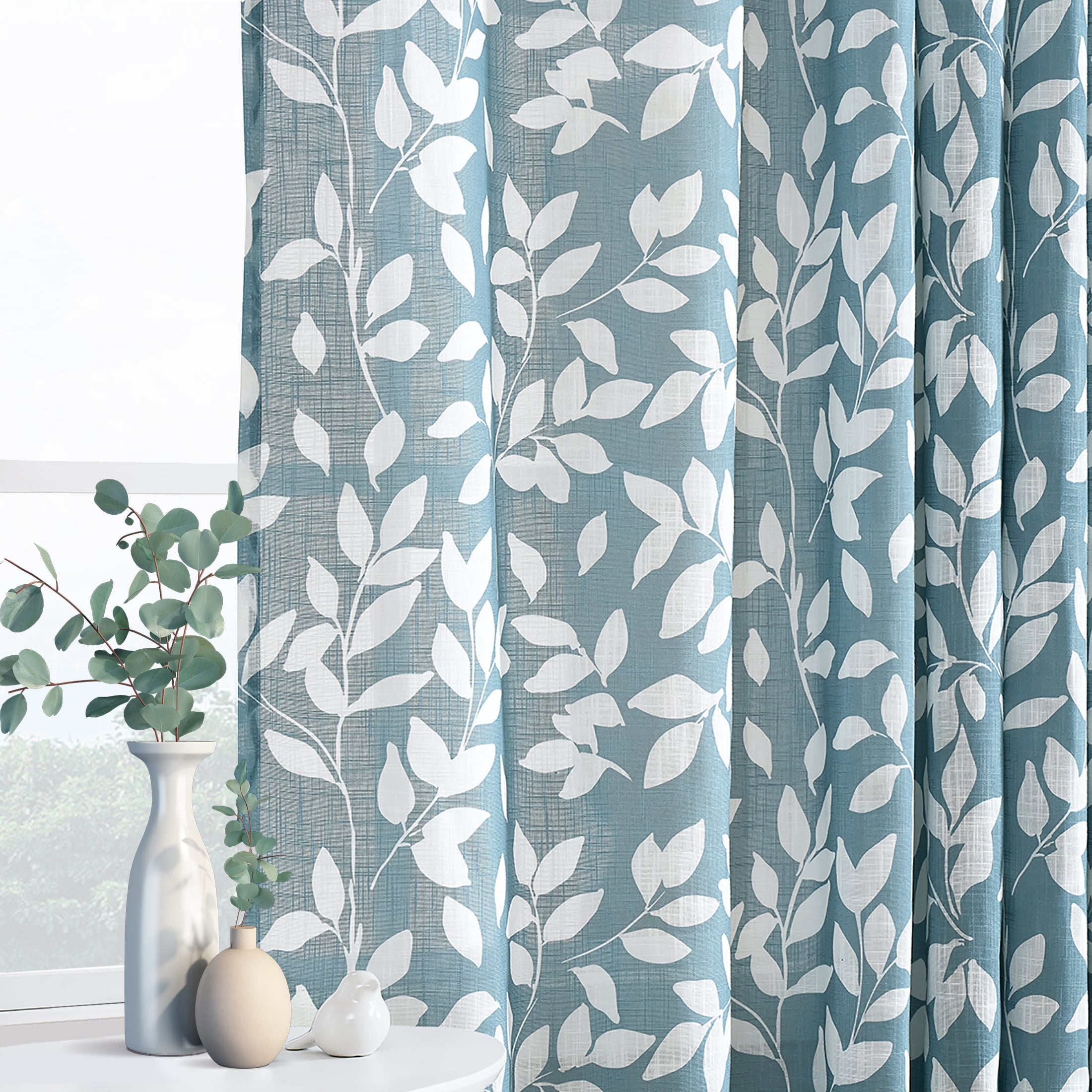 Exultantex White-Blue Semi Sheer Curtains 84 Length Leaf indoor