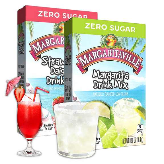 Margaritaville Singles To Go Water Drink Mix 1 Strawberry Daiquiri and 1 Margarita Flavored Sugar-Free and Non-Alcoholic Powder Sticks On The Go Water Beverage 2 Boxes 6 packets each 12 Total Servings