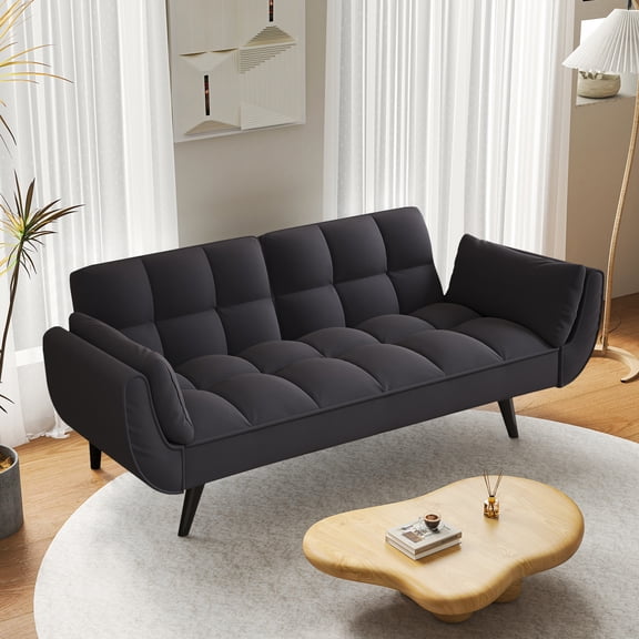 74" Futon Sofa Bed,Curved Sleeper Sofa Couch with 2 Pillows & Flared Arm,Modern Velvet Couch with 3-Position Adjustable Backrest for Living Room,Black