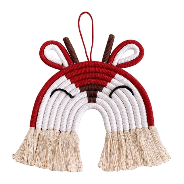 Decoración de pared con arcoíris de macramé con animales, tapiz colorido tejido con borlas para colgar en la pared Ciervo rojo