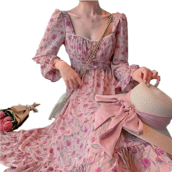 Long Sleeve Floral Dress Women Chiffon Slim Slimming Casual Dress for Spring Autumn, M-XL
