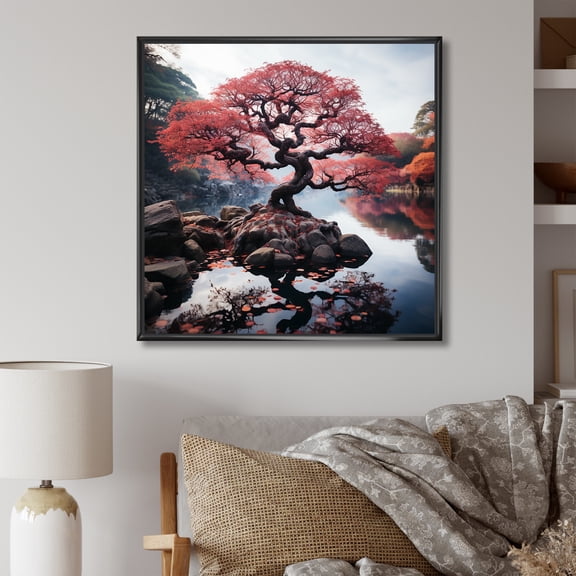 Designart "Majestic Bonsai Tree in Red II" Landscapes Framed Wall Art - Country Red Tree Entryway Framed Wall Art Print