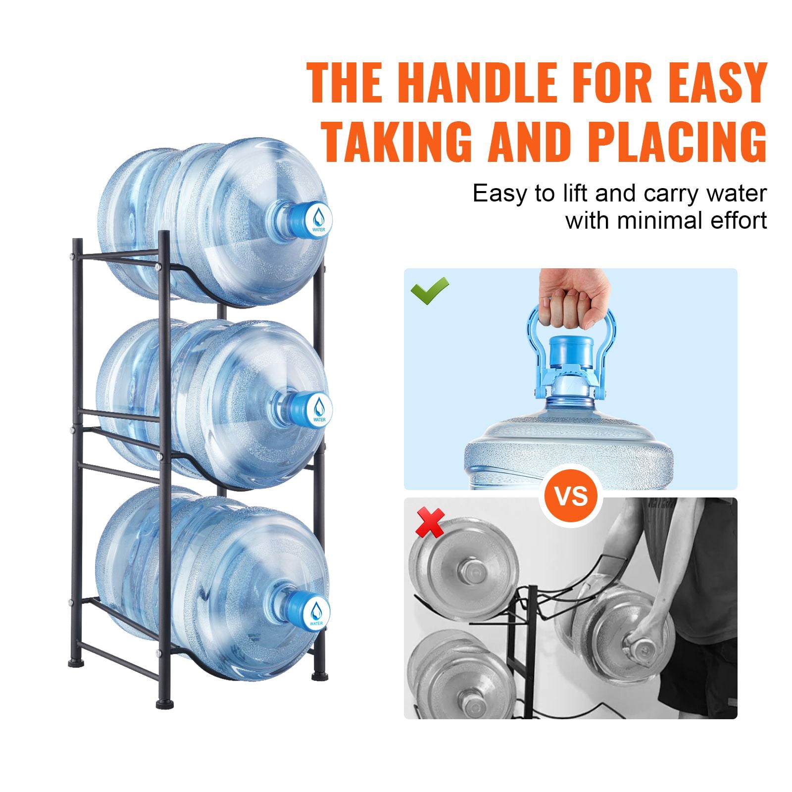 3-Tier Water Jug Holder 13" x 13" x 29", Cast Iron, 125.7 lbs Capacity, High Guardrails, Adjustable Feet for Living Room Kitchen Garage