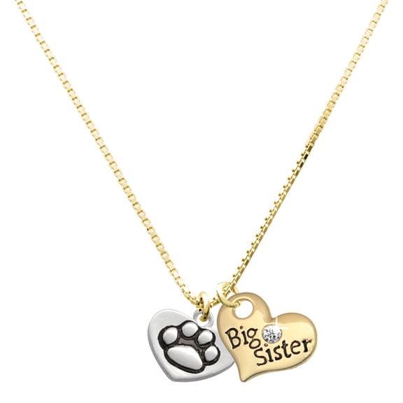 Delight Jewelry Silver-tone Paw in Heart and Large Goldtone Big Sister Heart Charm Necklace, 17.5" 2" Extender