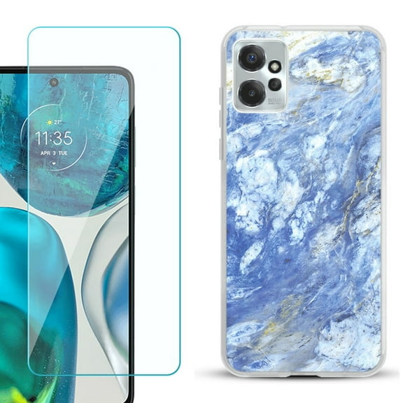 OneToughShield ® for Motorola Moto G Power 5G 2023 Shockproof Fashion Phone Case, with Tempered Glass Screen Protector - Marble / Gem Blue