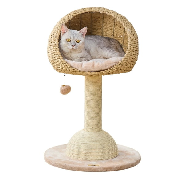 Petpals 29"High 2-Lvl Handwoven Paper Rope Hoodie Cat Basket Bed with Sisal Scratching Post, Beige