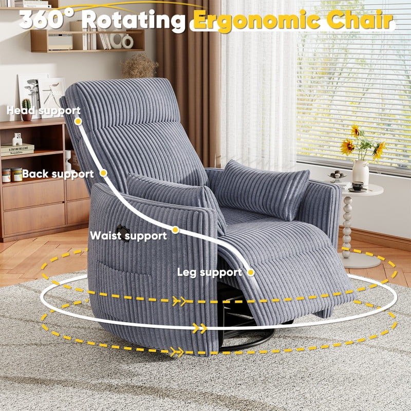 Homall 360° Power Swivel Recliner High Back Adult Rocker Recliner Chair with 2 Pillows for Nursing Expectant Mothers,Corduroy Gray