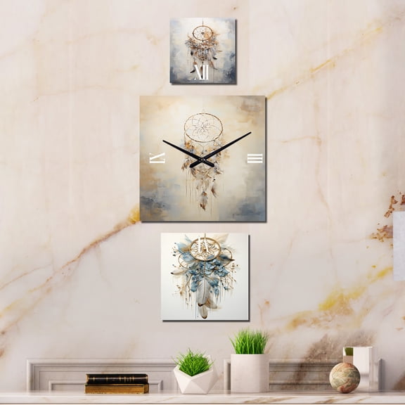 Designart "Blue Dreamcatcher Threads" Dream Catcher Oversized Wall Clock - Set Of 3 - Extra large Clock For Office Décor - Large Traditional Wall Clock