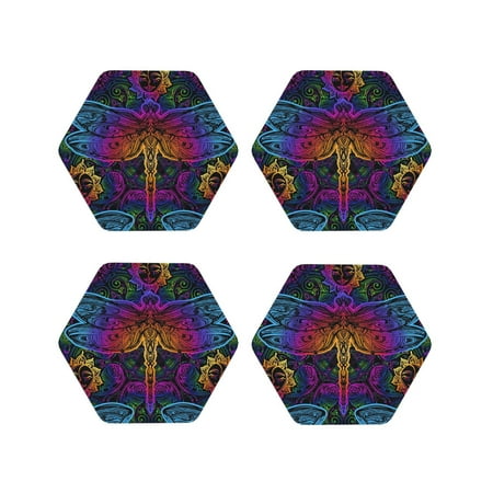

Picia Indian Mandalas Dragonfly Printed Leather Coasters for Drinks 4 Drink Coasters Set of 4 for Tabletop Protection Handmade Luxurious Home Décor and Housewarming Gift -Hexagon