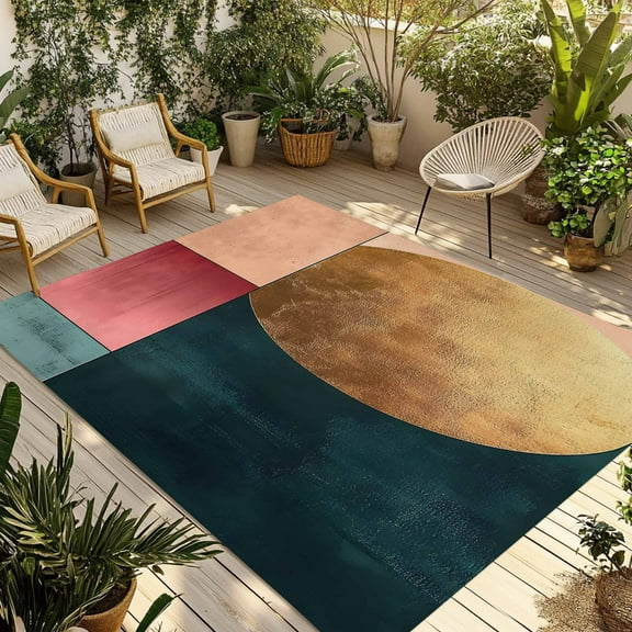 Fsddascl Boho Gold Circle Outdoor Rug for Patio/Deck/Porch, Non-Slip Large Area Rug 4 x 6 Ft, Modern Geometric Color Blocks Indoor Outdoor Rugs Washable Area Rugs, Reversible Camping Rug Carpet