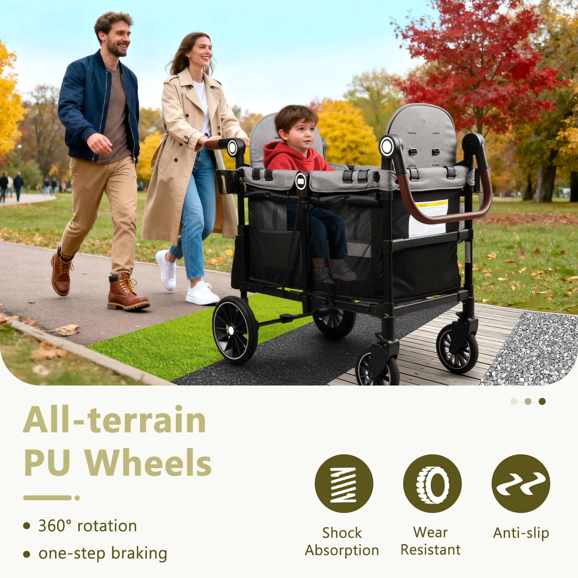 LINLUX 2 Kids Wagon Stroller, Foldable Outdoor 2-Seat Stroller Wagon, Removable Canopy, 55 Pound, Black Gray