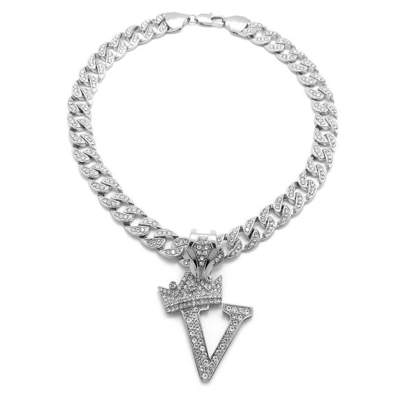 iJewelry2 Kings and Queens Crowned Initial Letter V Crystals Pendant Silver-tone Cuban Linked Chain Necklace