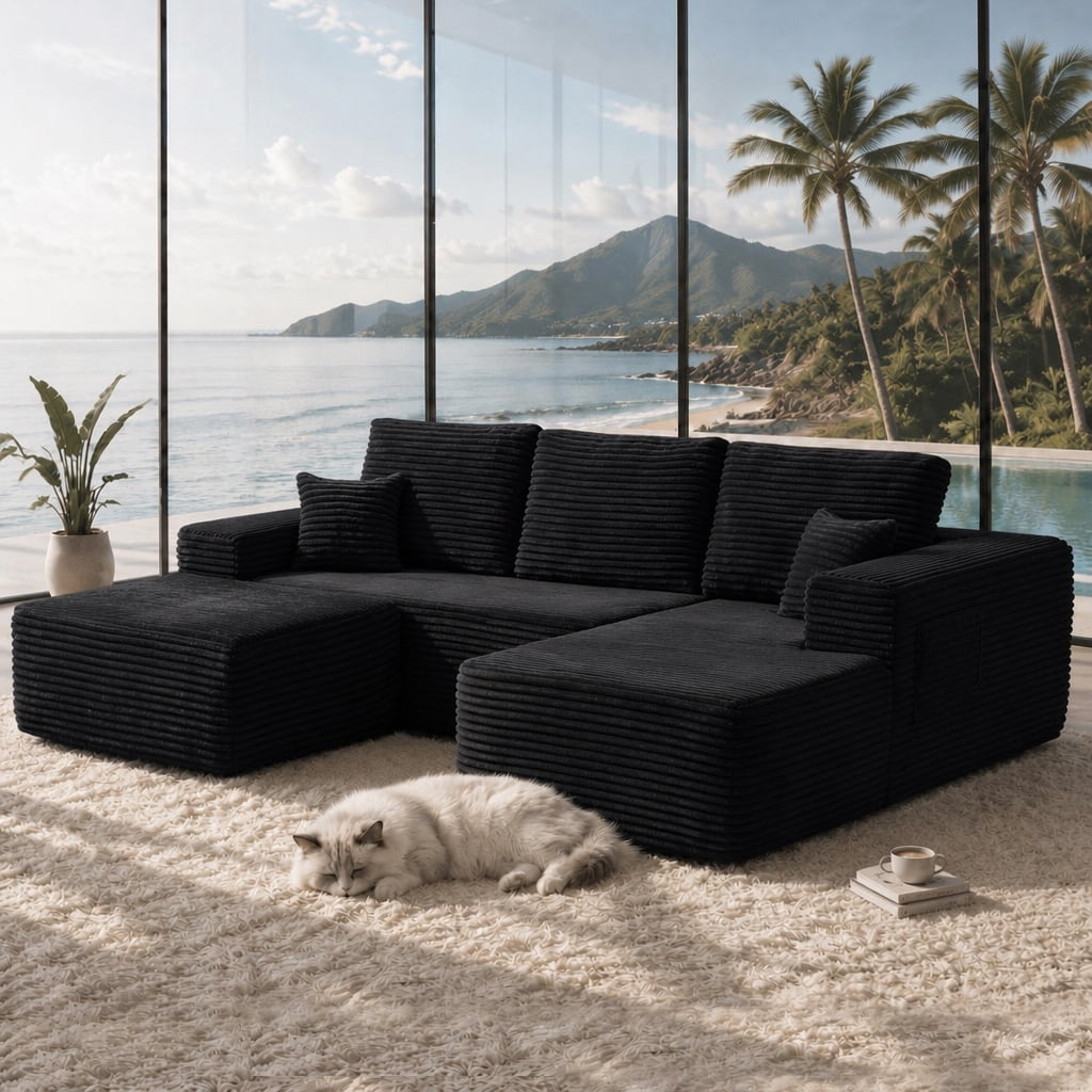 Cloud Sectional Sofa 104 Inch, U-Shape Modular Couch with Side Pockets and Deep Seating, Upholstered Living Room Sofa, No Assembly Required, Black, Right Chaise