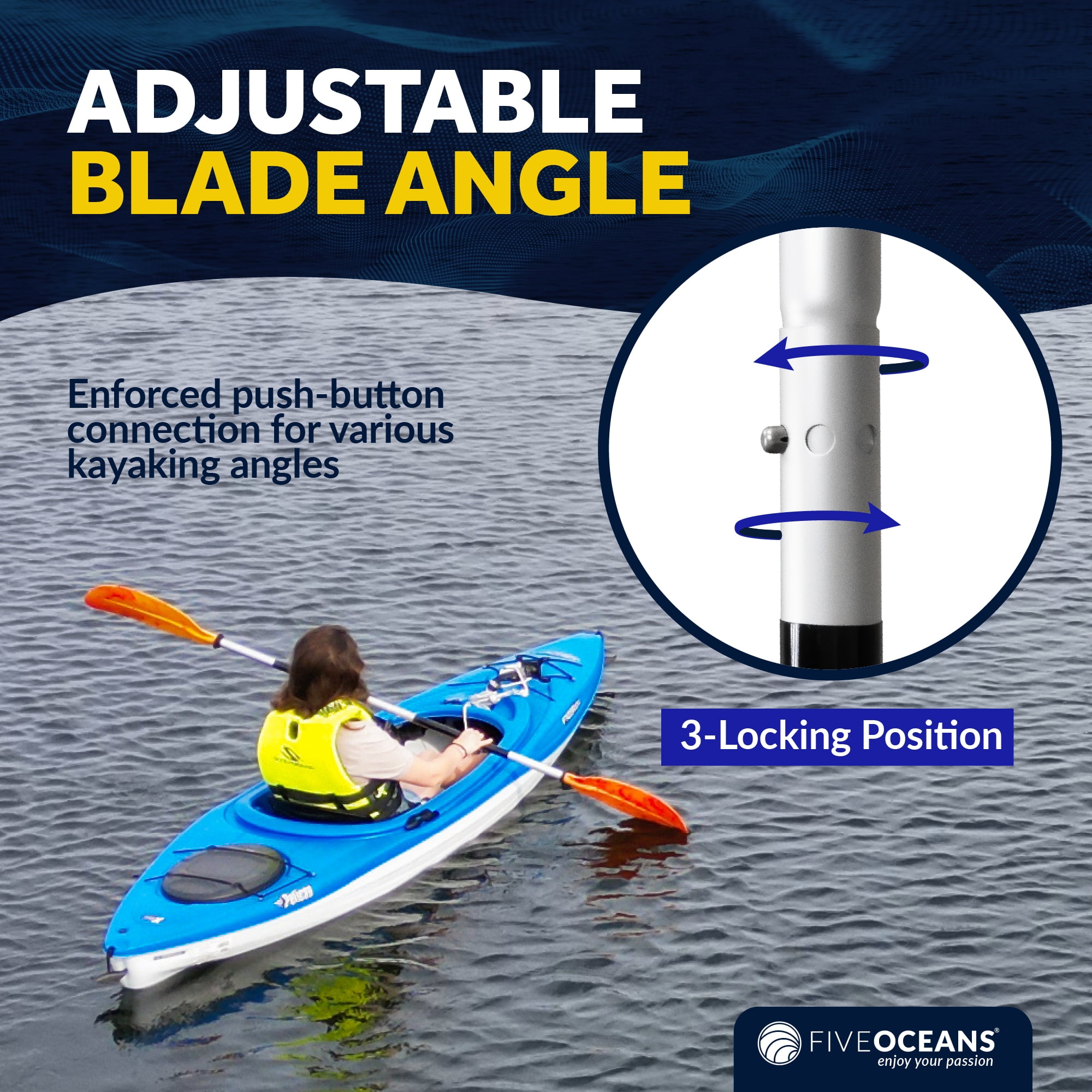 Five Oceans Kayak Paddles 2 Pack, 84" - 7ft Kayak Fishing Paddle, Detachable Heavy-Duty Aluminum Shaft, Reinforced Fiberglass Blades, 2-Piece Snap-Button, Lightweight Paddle for all Kayaks - FO2880-M2