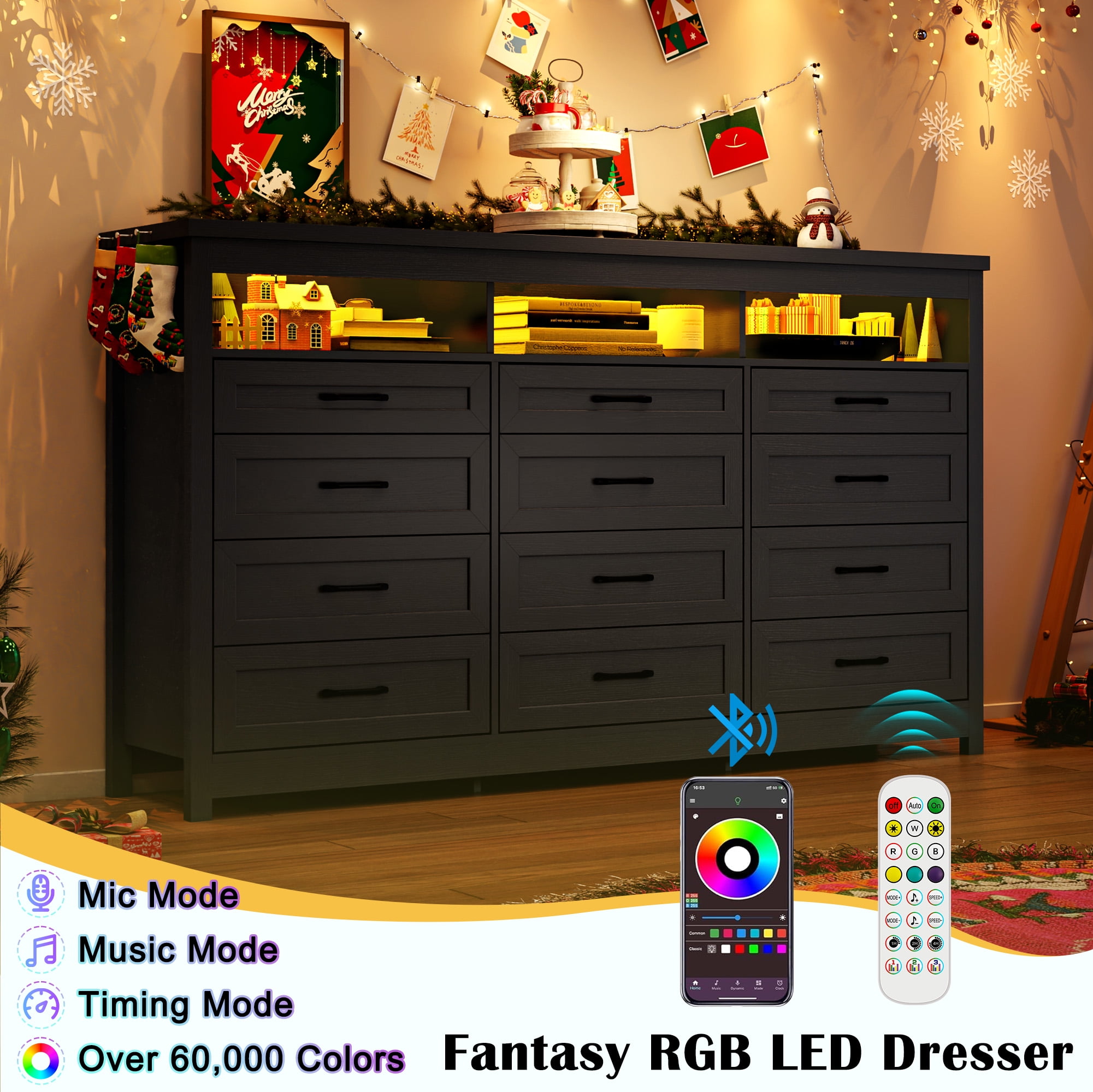 ANPOO 71" Large Farmhouse 12 Drawers Dresser with LED Lights & Power Outlet, 41" Tall Chest of Drawers with Storage & 60000 Colors Lights, Modern Wood Dresser for Bedroom, Living Room, Hallway