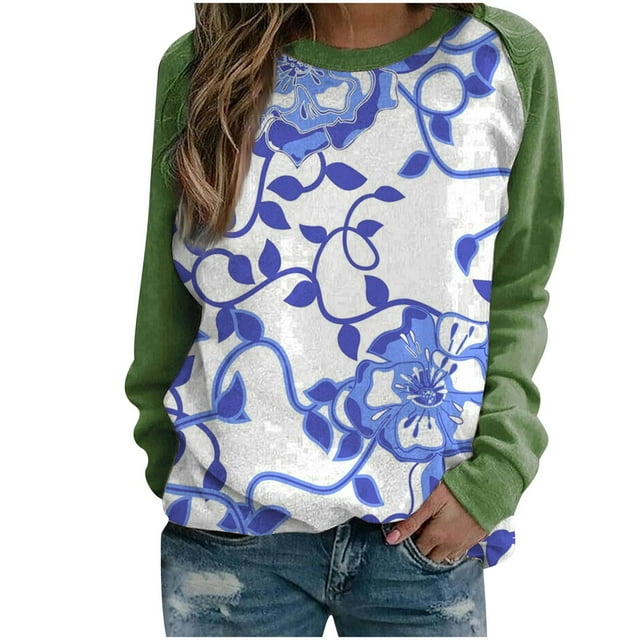 Yuyuzo Chandails en Molleton à Manches Longues Raglan Col Rond pour Femmes Doux Confortables Vintage Graphiques Décontractés Tunique Verte A1