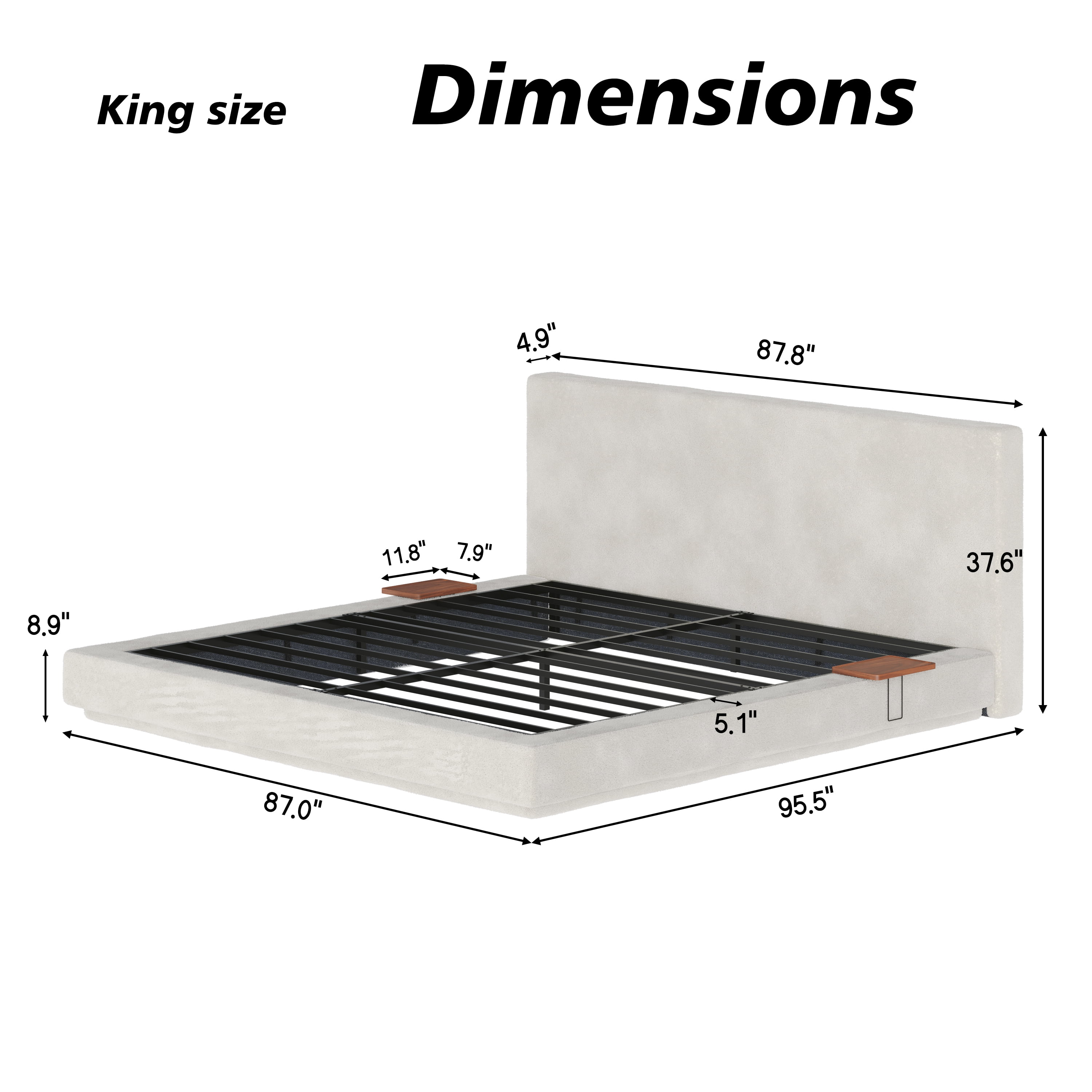 King Bed Frame with Adjustable Sliding Side Table Visual Floating Effect, 8.7" Cloud Upholstered Sponge Cushion, Easy Assembly (Off-White)