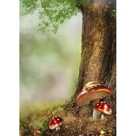 ABPHOTO Polyester 5x7ft Photography Backdrop Fairytale Tree with Red Mushroom Fog Backdrops for Photo Shoots Lovers Party Game Adult Kids Baby Personal Portrait Photo Background Studio Props