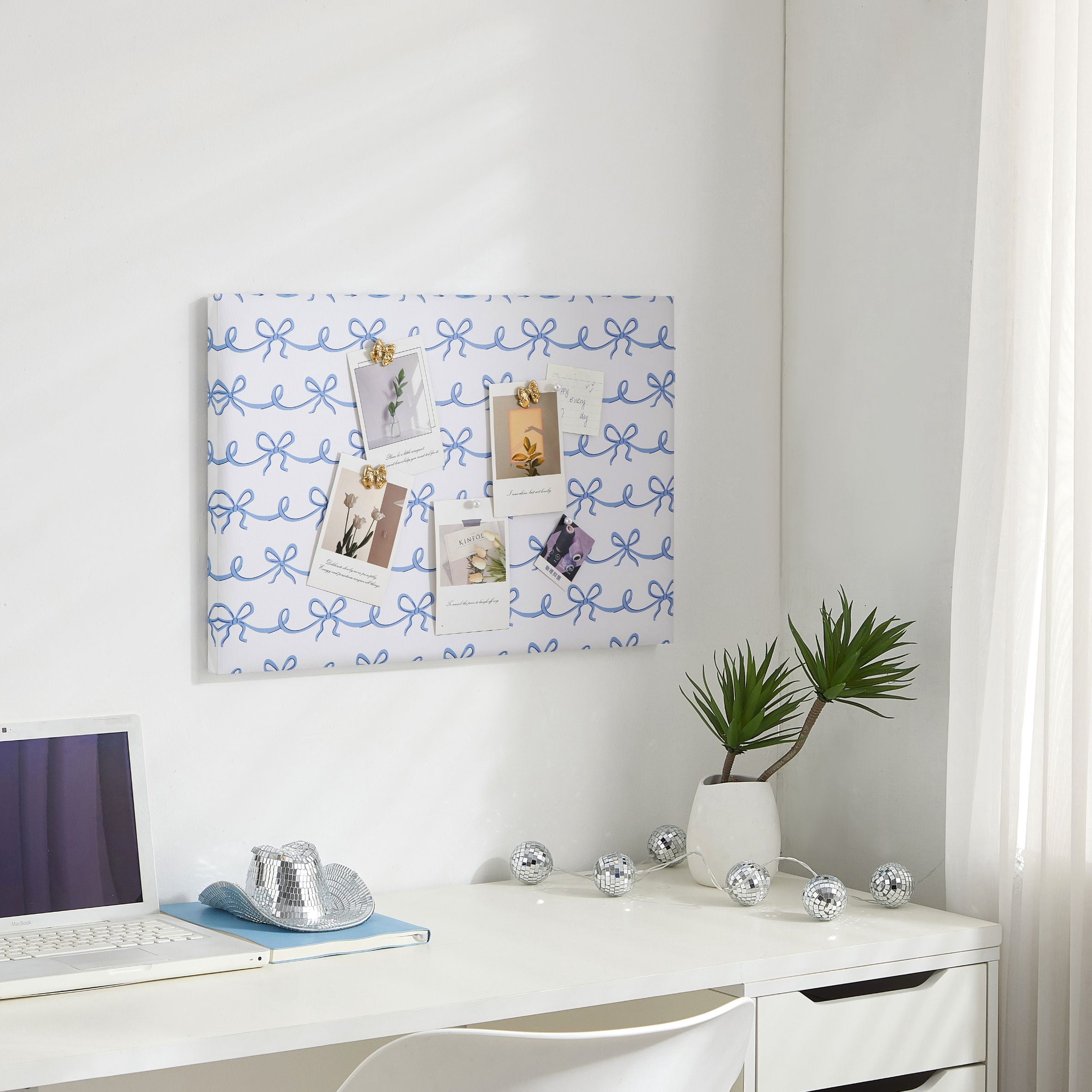 Urban Shop Dorm Bulletin Board, 24" x 16", Blue, Ribbon Print, Decorative Bow & Pearl Push Pins Included