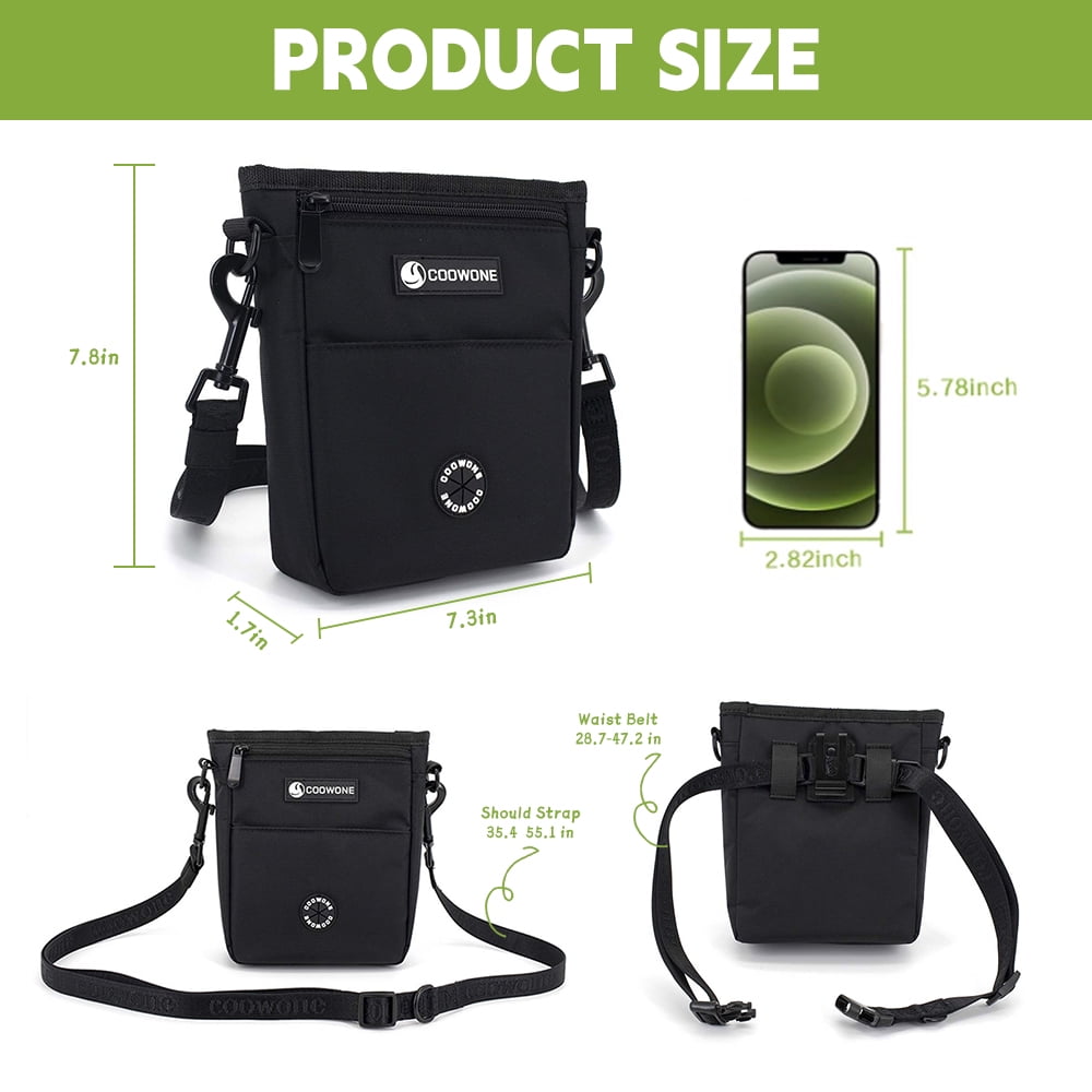 Dog Treat Pouch Pet Training Cross Body Bag, Magnetic Closure Dog Walking Fanny Pack Built-in Poop Bag Dispenser, Adjustable Shoulder Strap (Dog Leash) and Waist Belt (Dog Collar)