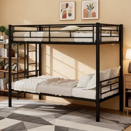 Twin Over Twin Bunk Bed, Metal Bunk Bed Frame with Built-In Ladder & Full Length Guardrail, Can be Convertible 2 Beds for Teens Adults, No Box Spring Needed, Black