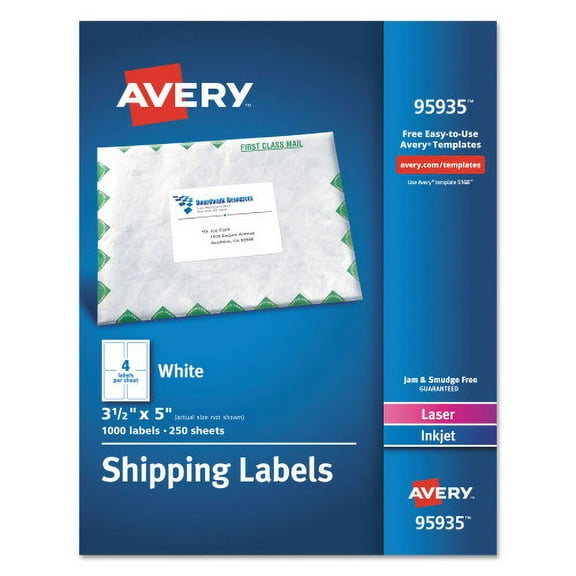 Avery White Shipping Labels-Bulk Packs, Inkjet/Laser Printers, 3.5 x 5, White, 4/Sheet, 250 Sheets/Box, Each