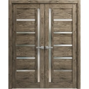 Solid French Double Doors 84 x 80 inches | Quadro 4088 Cognac Oak with Frosted Glass | Wood Solid Panel Frame Trims | Closet Bedroom Sturdy Doors