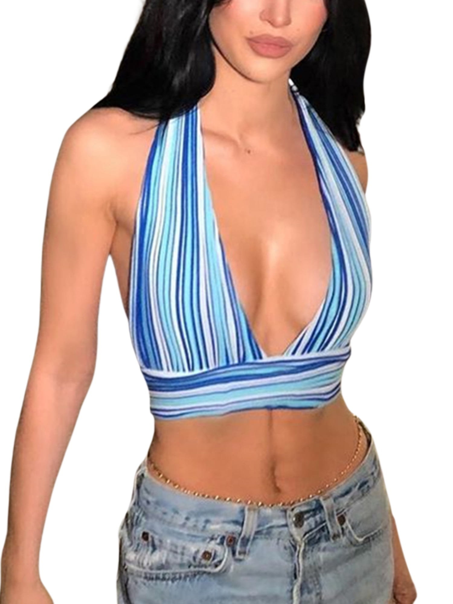 Crop for Women Built in Bra, Adults Sexy Sleeveless Backless Tie Up Striped V-Neck Tops -