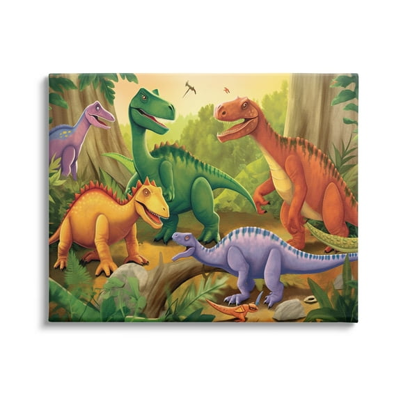 Stupell Industries Dinosaurs in Jungle Scene Animals & Insects Painting Gallery Wrapped Canvas Print Wall Art, 20 x 16