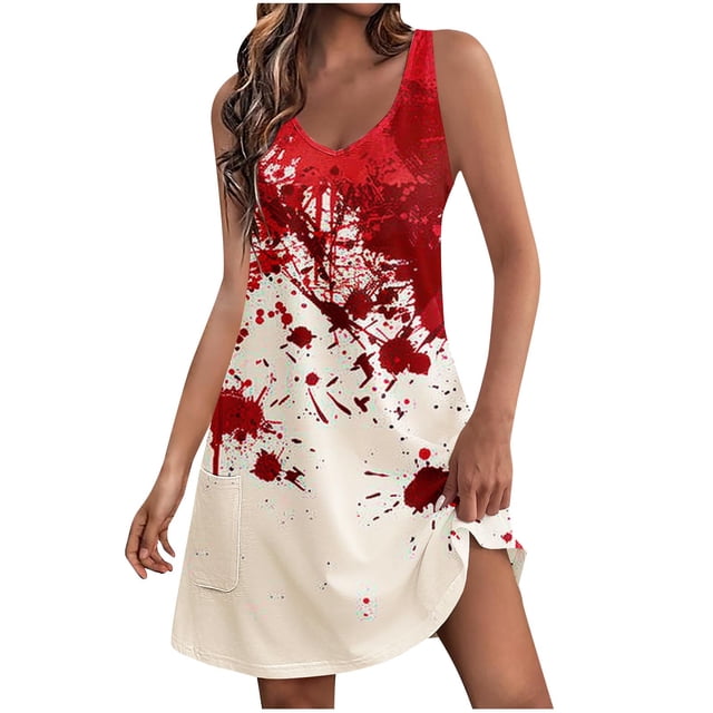 Vestido de Verano para las Mujeres Impresión de la Moda Bolsillo sin Mangas Cuello en V, Vestido Casual para la Playa Y Diario