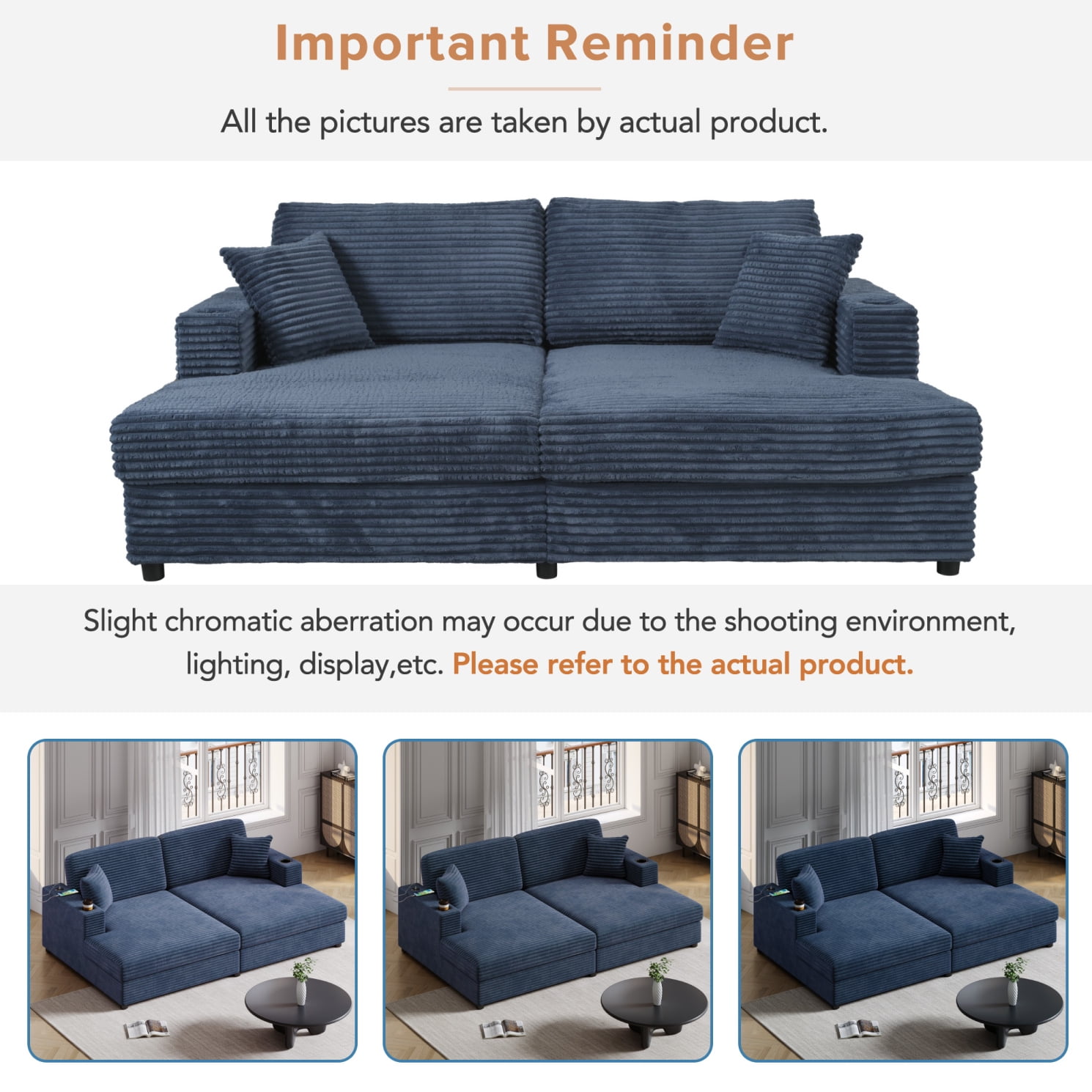 86.5" Oversized Double Lounge Chaise, Upholstered Corduroy Loveseat with 2 Cup Holders and 2 USB Ports, Modern Deep Seat Cloud Couch with Throw Pillows for Living Room, Blue