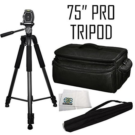 Shock Video Professional 75-inch Tripod 3-way Panhead Tilt Motion with Built In Bubble Leveler + Rugged Series Water Resistant, Adjustable Shoulder Strap, Heavy Duty, Shock Proof Pro Camcorder Carrying Case for t ()