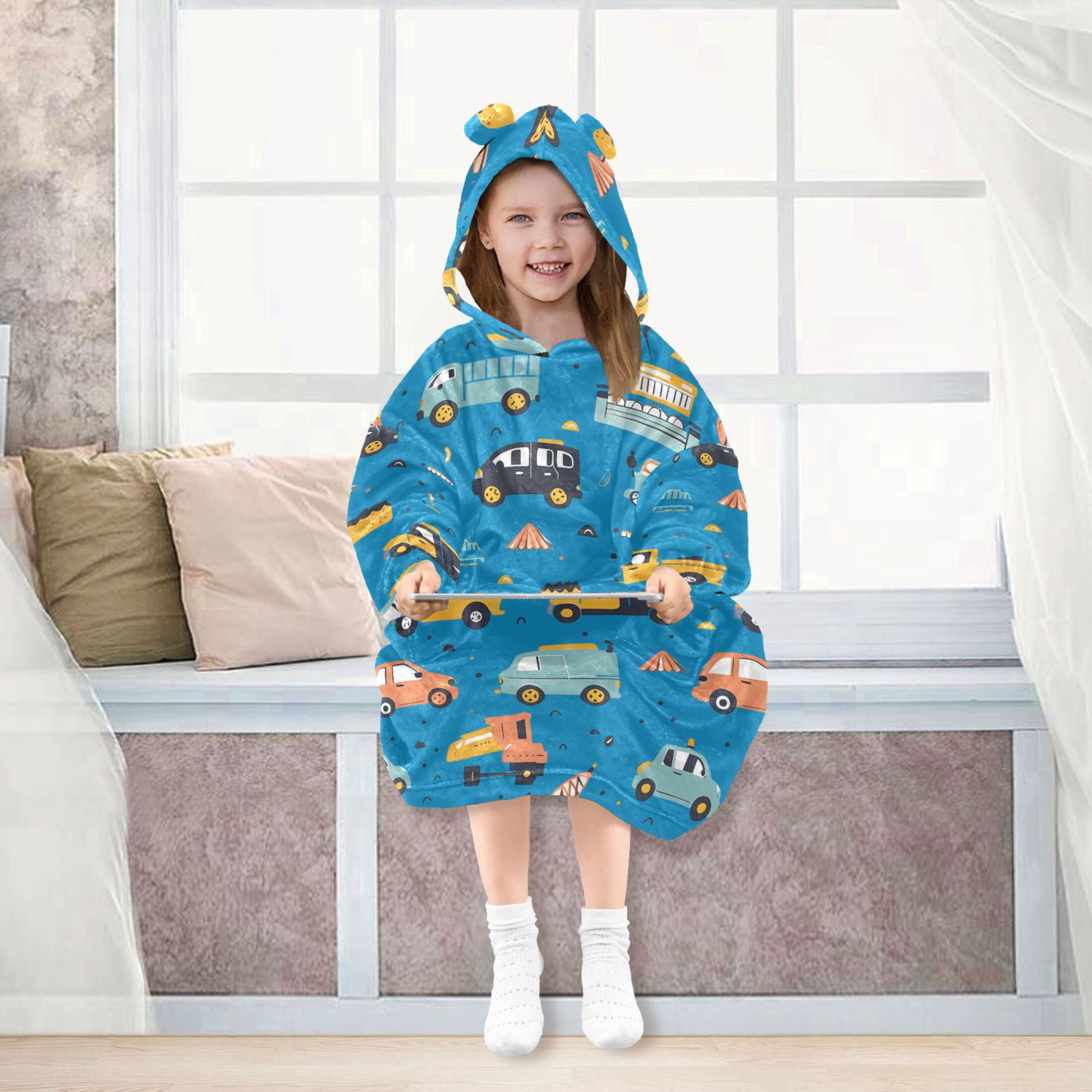joogoo Wearable Blanket Hoodie for Kids Cartoon Trucks Cars on Blue Flannel Oversized Sweatshirt 3-14 Years S