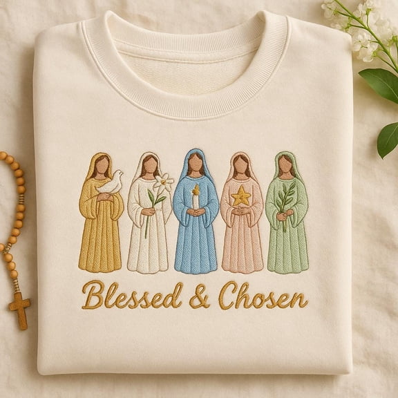 Blessed & Chosen Embroidered Sweatshirt, Catholic Female Saints Crewneck, Christian Women Jumper, Religious Gift for Her