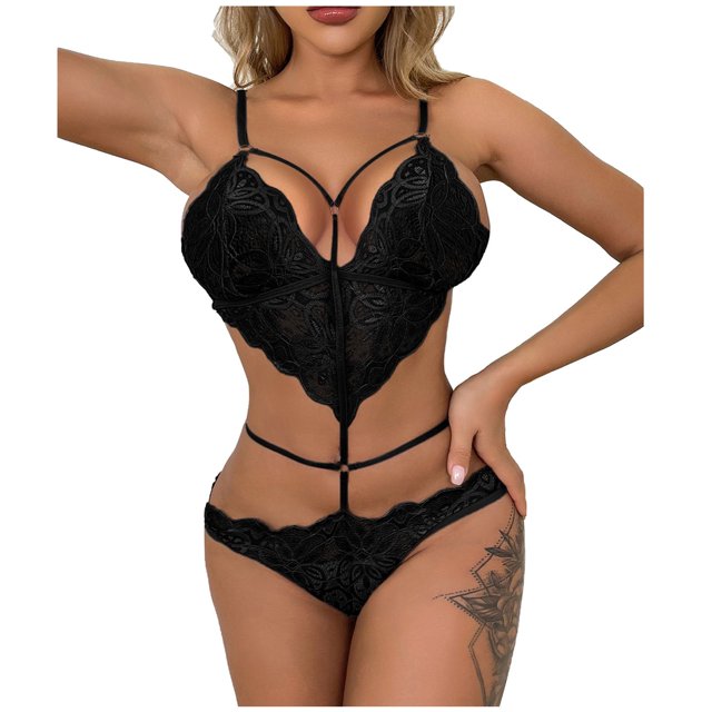 Lencería sexy para mujer Encaje Ahueca hacia fuera Perspectiva Tentación Babydoll Ropa interior Ropa de dormir Mono Bodies Fridja nalpqowj39227