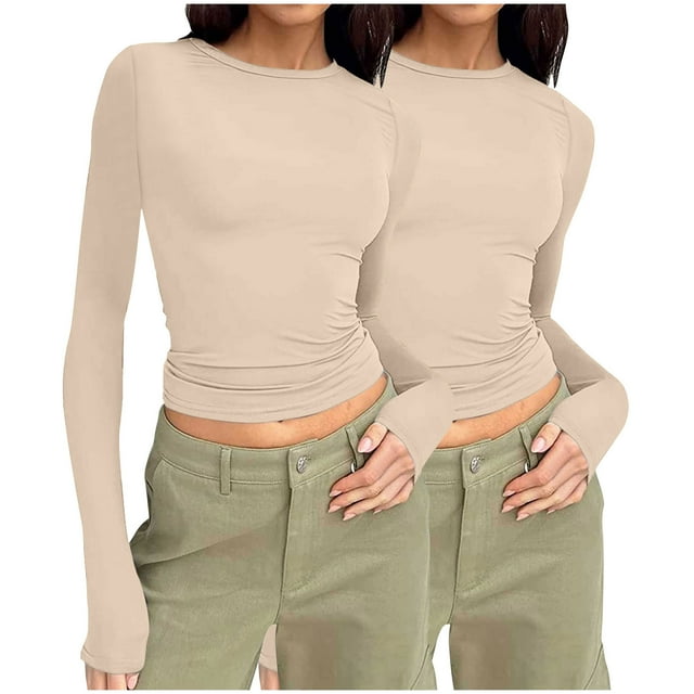 Pisexur 2 Pcs Hauts d'Automne pour Femmes Hauts à Manches Longues pour Femme Mode T-Shirts Courts à Col Rond Décontractés Ajustés Blouses Unies Chandails à Enfiler Hauts Basiques T-Shirts d'Automne