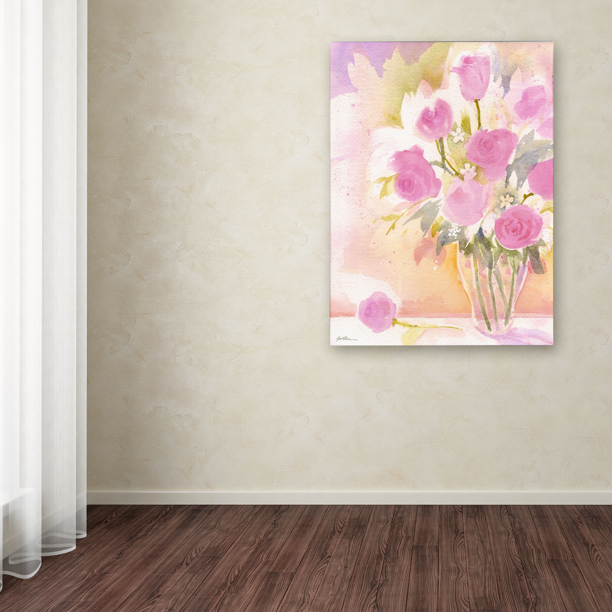 Trademark Fine Art "Vase with Pink Roses" Canvas Art by Sheila Golden