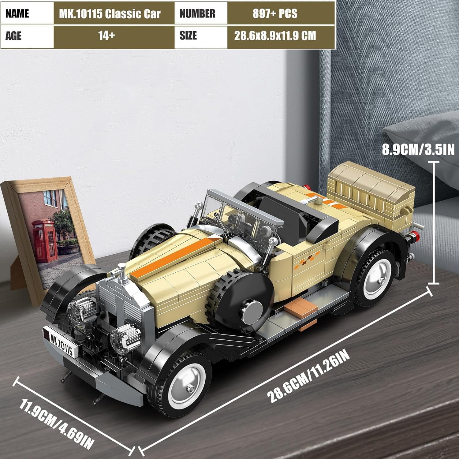 Classic Cars Building Kits, MOC Vintage Car Model Building Blocks Set, Gift for Age 14+/Adult Collections Enthusiasts(897+ Pieces, Static Version)