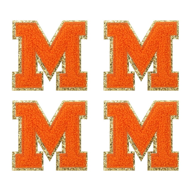 4uds Chenille Letra Parches Termoadhesivos Letra Parches Naranja M Alfabeto Decorativo Reparación Bordados Parches para Ropa, Zapatos, Sombreros, Mochilas