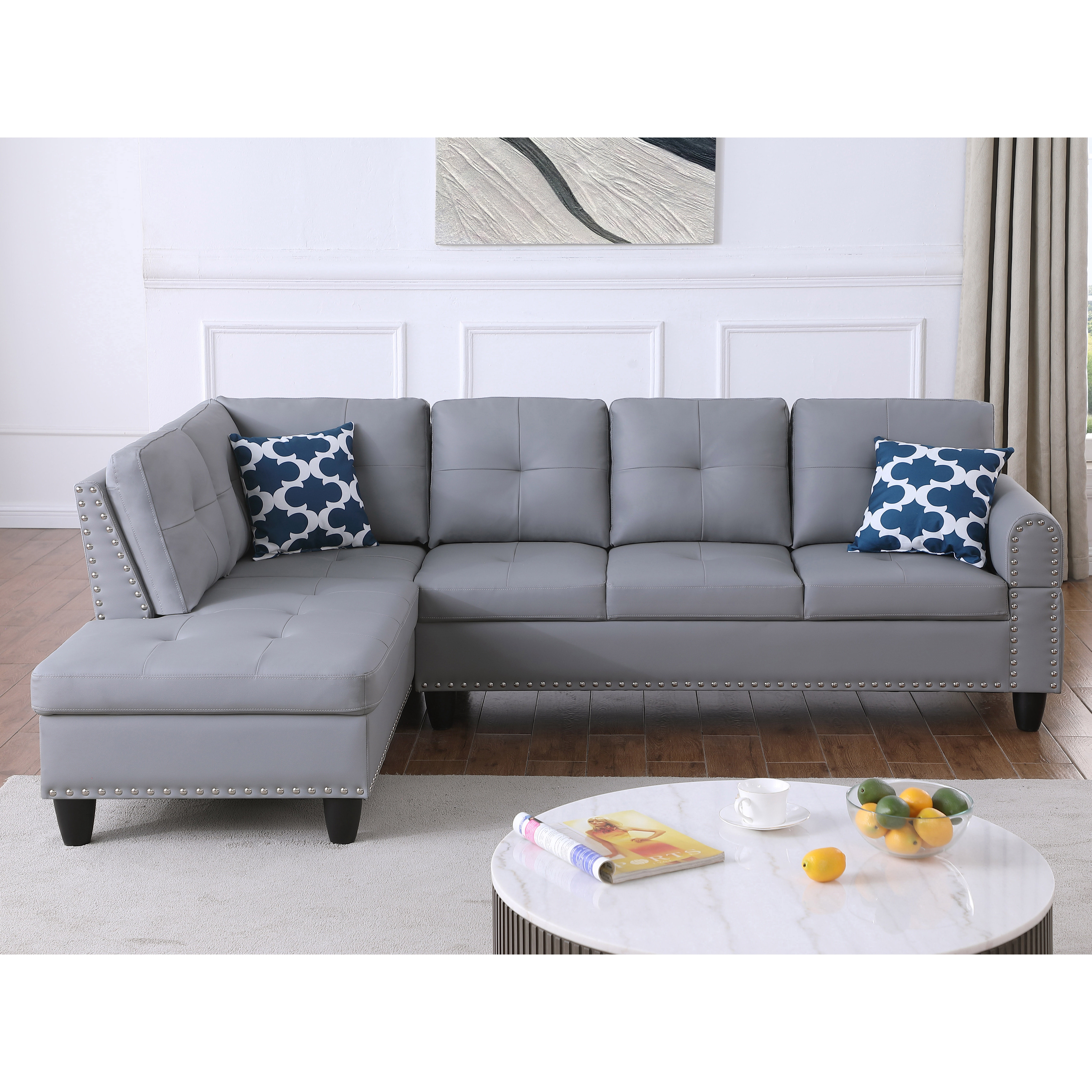 Gewnee L-Shaped Sectional Sofa with Nailhead Trim, Fold-Down Cup Holder, Storage Ottoman & 2 Toss Pillows for Living Room, Gray