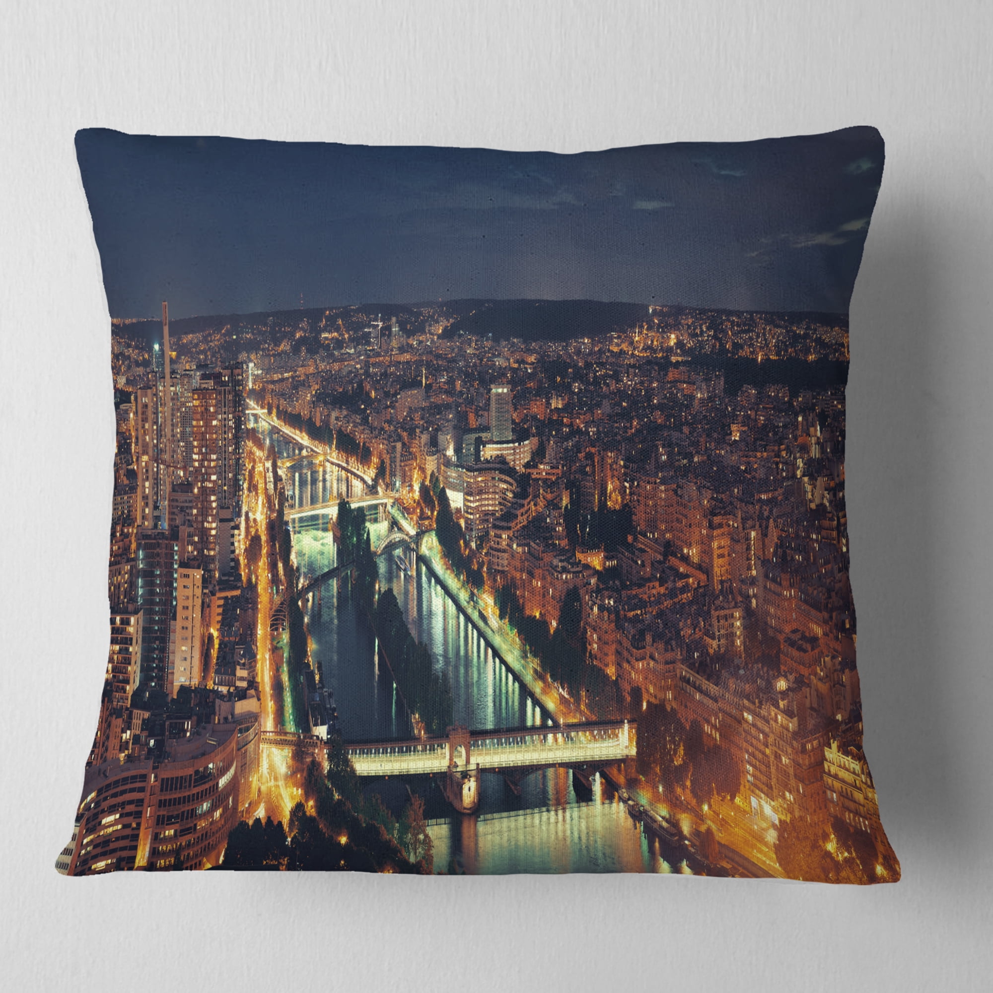 Designart Paris City Night Skyline - Cityscape Photo Throw Pillow - 16x16