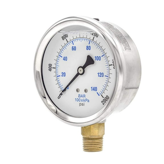PIC Gauges 201L-402O Bottom Mount Glycerine Filled Pressure Gauge w/ SS Case, Brass Internals, SS Bezel, PC Lens, 4" Dial, 0/2000 psi Range, 1/2" Male NPT CA1