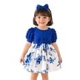 thumbnail image 3 of LYHaoo Floral Print Girls Dress With Bow And Puff Sleeves For Summer Casual Party Occasions，Girls A Line Dresses Sizes 9-12 Months Blue, 3 of 7