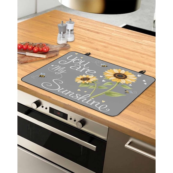 Large Induction Cooktop Protector Mat You Are My Sunshine Stove Top Covers for Electric Stove, Yellow Sunflowers Cute Bees Heart Grey Decorative Stove Burner Cover Mats, Glass Top Stove Cover