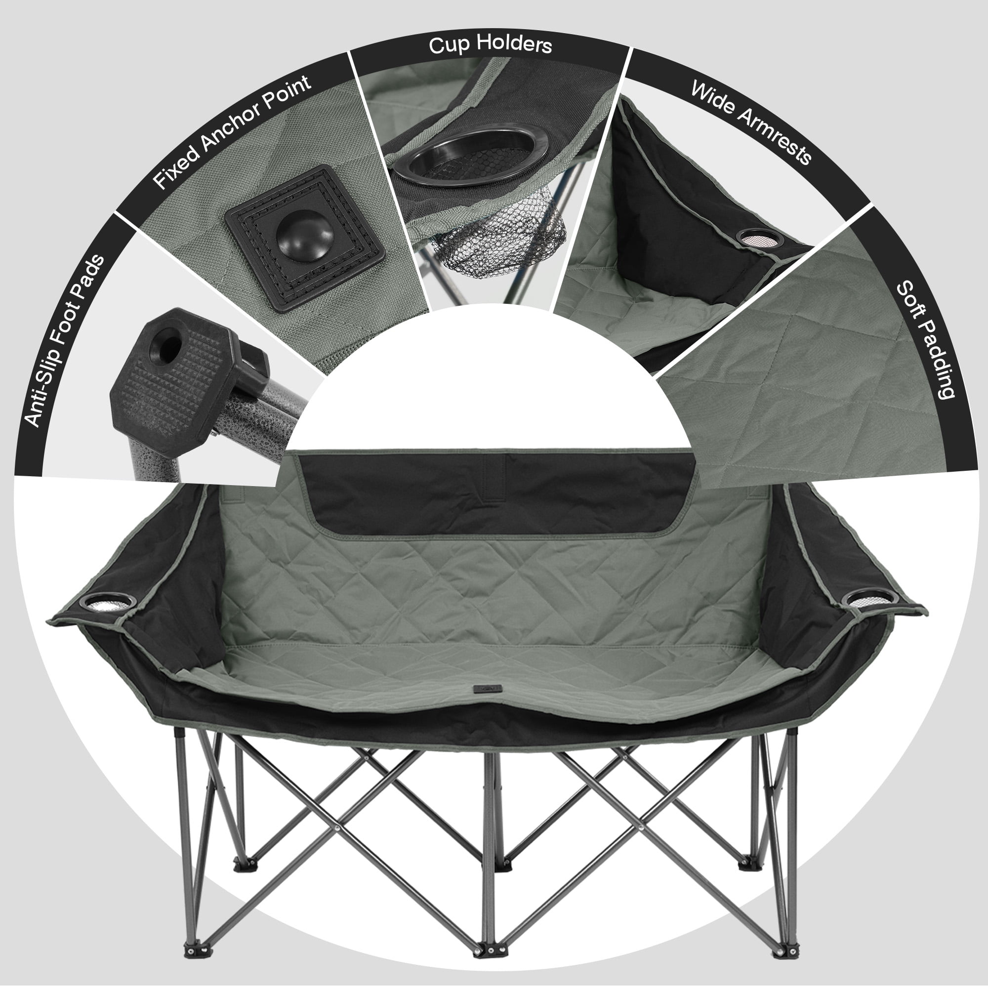 FlexWave Oversized Double Camping Chair，2-Person Heavy-Duty Folding Loveseat，Portable Outdoor Chair，with Armrests, Cup Holders & Carry Bag, for Camping, Picnic, Backyard